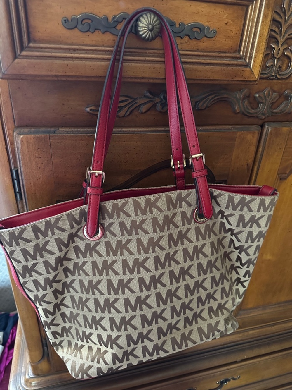 Michael Kors Tan MK Logo Tote with Red Trim